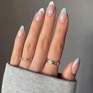 RikView French Tip Press on Nails Medium Fake Nails White Stick on Nails with Flowers Design Almond Blue Nails for Women