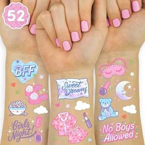 xo, Fetti Pink Sleepover Party Temporary Tattoos for Girls - 52 styles | Pink Birthday Party Supplies, Girls Movie Night Goodie Bag Favors, Cute Bday Decorations, Easter Basket, Stocking Stuffer