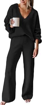 Viottiset Women's 2 Piece Outfits Casual V Neck Knit Wide Leg Sweater Lounge Set Sweatsuit