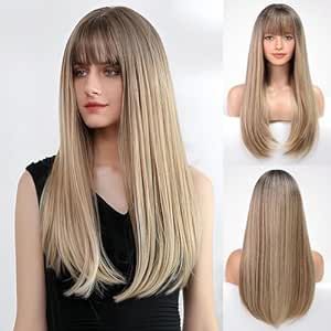 EMMOR Blonde Wig With Bangs For Women Long Straight Layered Wigs Synthetic Layered Hairstyle For Girls Party Cosplay And Daily Use(26" Ash Blonde)