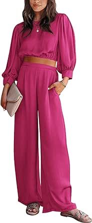 BTFBM Women's 2 Piece Lounge Set Satin Outfits 2023 Fall Casual Long Puff Sleeve Crop Tops Loose Wide Long Palazzo Pants