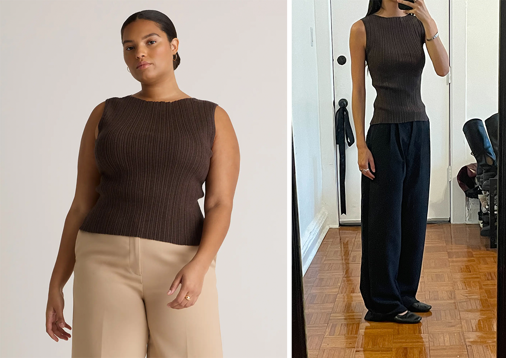 Left: Quince model wearing the Cotton Cashmere Ribbed Tank in a mocha brown; Right: Katie wearing Quince's Cotton Cashmere Ribbed Tank in a mocha brown.