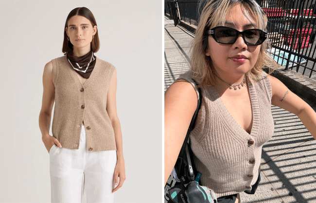 Left: Quince model wearing the Fisherman Sweater in Oatmeal; Right: Lea wearing Quince's Fisherman Sweater in Oatmeal.