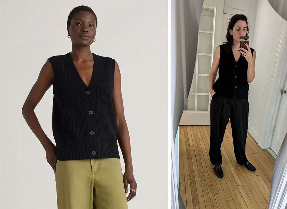 Left: Quince model wearing a black button-up sweater vest; Right: Sophie wearing Quince's black button-up sweater.