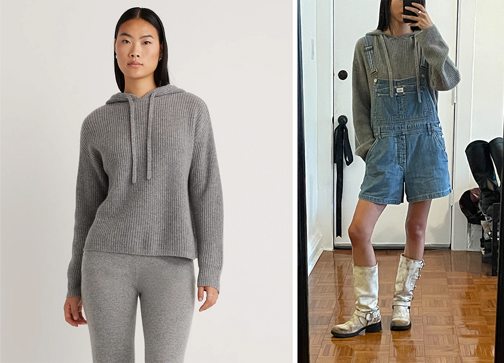 Left: Quince model wearing the Fisherman Pullover Hoodie in Heather Grey; Right: Katie wearing Quince's Fisherman Pullover Hoodie in Heather Grey with short overalls and off-white tall moto boots.