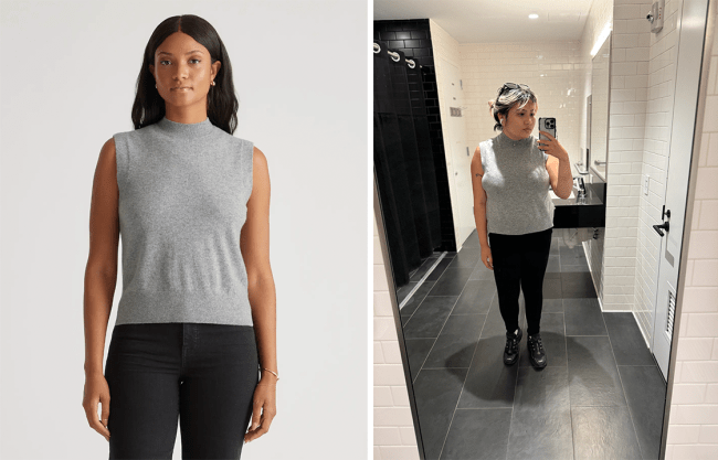 Left: Quince model wearing the Mock Neck Sweater Vest in Heather Grey; Right: Lea wearing Quince's Mock Neck Sweater Vest in Heather Grey.