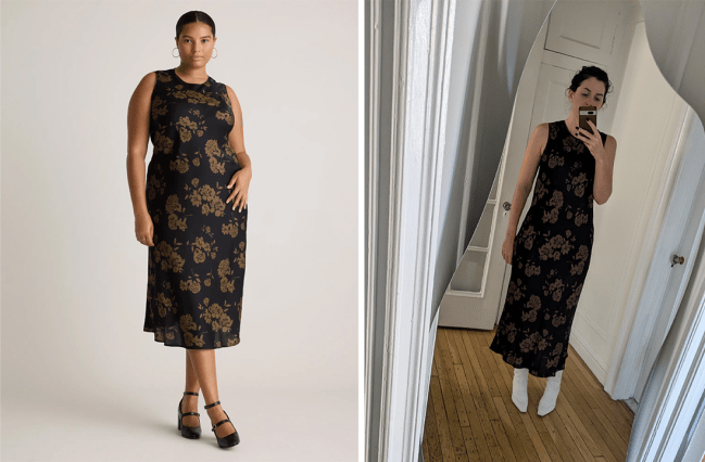 Left: Quince model wears a black and yellow/brown floral midi dress; Right: Sophie wears Quince's silk tank midi dress in a black and yellow/brown floral pattern.